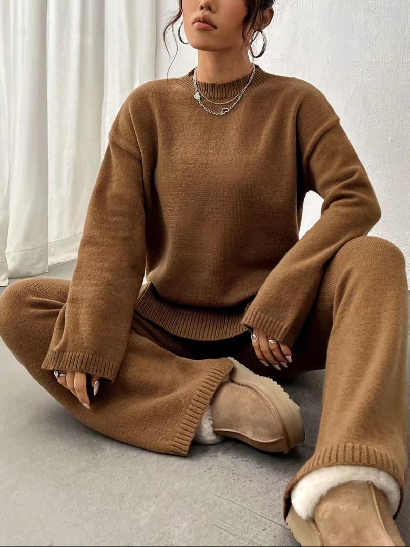 Women's Solid Drop Shoulder Split Hem Sweater & Elastic Waist Straight Leg Pants Two-piece Set, Casual Fashion Cozy Knitwear Set for Daily Outdoor Wear, Women Knitwear for Fall & Winter, Womenswear Women's Solid Drop Shoulder Split Hem Sweater & Elastic Waist Straight Leg Pants Two-piece Set, Casual Fashion Cozy Knitwear Set for Daily Outdoor Wear, Women Knitwear for Fall & Winter, Womenswear