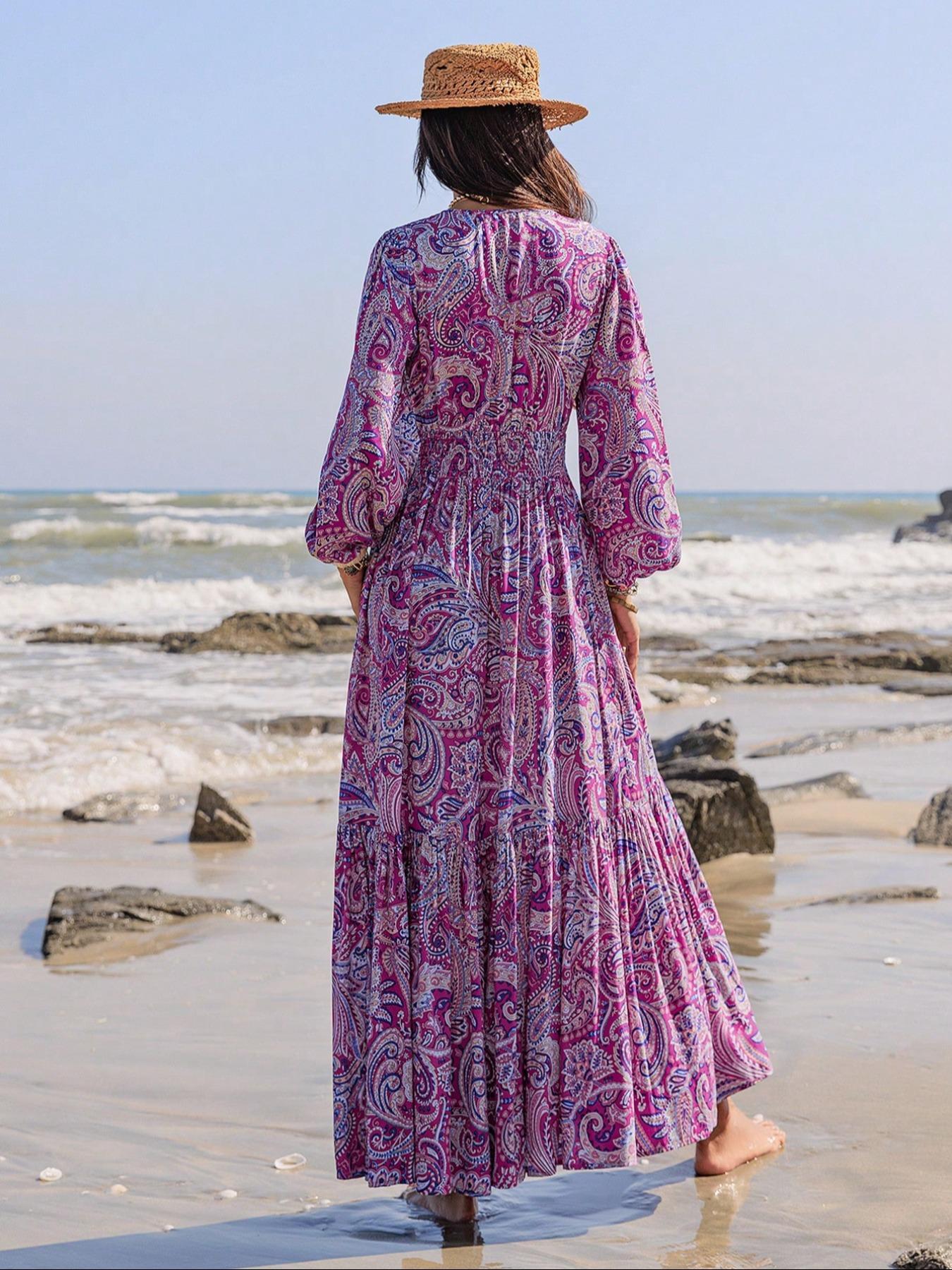 Women's Boho Floral Print Lantern Sleeve Dress with Fitted Waist Adjustable Tie Design, Comfortable Casual Long Sleeve Dress for Fall & Winter, Bohemian, Womenswear Women's Boho Floral Print Lantern Sleeve Dress with Fitted Waist Adjustable Tie Design, Comfortable Casual Long Sleeve Dress for Fall & Winter, Bohemian, Womenswear
