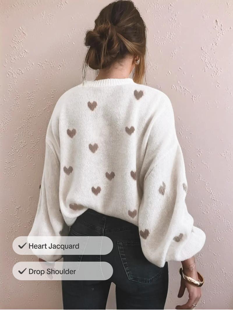 Women's All Over Heart Print Drop Shoulder Sweater, Casual Long Sleeve Round Neck Jumper for Fall & Winter, Fashion Ladies' Knitwear for Daily Wear
