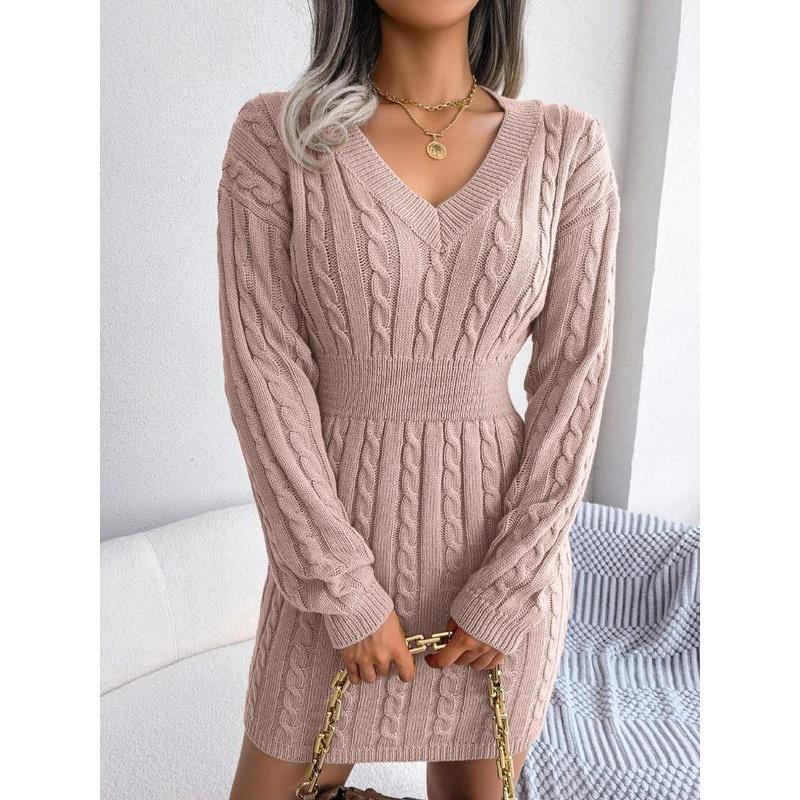 Women's Cozy V-Neck Cable Knit Sweater Dress – Soft Textured Drop Shoulder Long Sleeve Dress for Fall & Winter Women's Cozy V-Neck Cable Knit Sweater Dress – Soft Textured Drop Shoulder Long Sleeve Dress for Fall & Winter