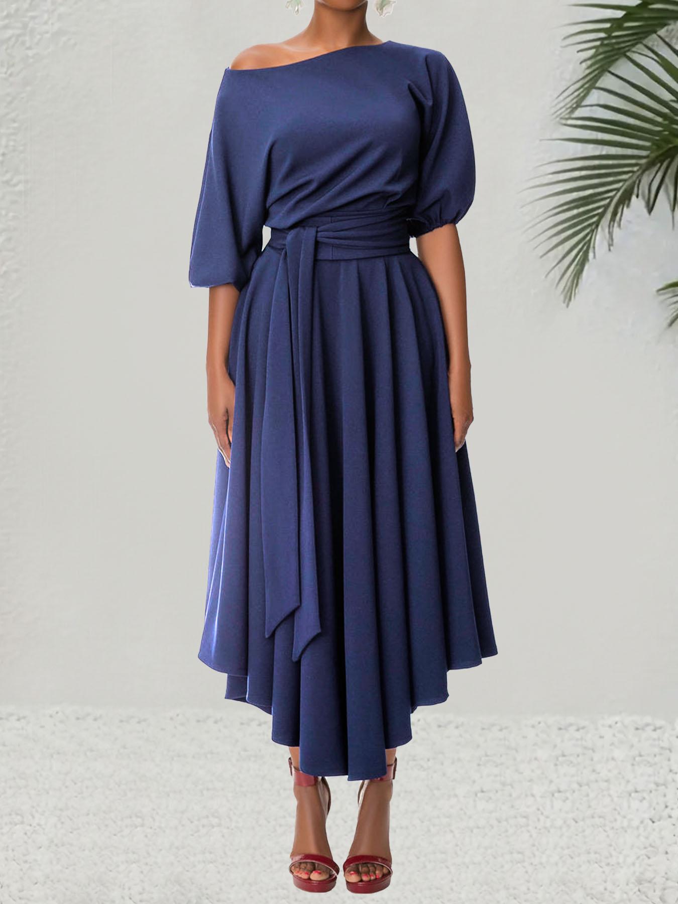 Women's Plain Belted Split Boat Neck Dress, Elegant Bishop Sleeve A Line Dress for Summer, Summer Outfits 2024, Fashion Women's Dress for Casual Daily Wear, Womenswear Women's Plain Belted Split Boat Neck Dress, Elegant Bishop Sleeve A Line Dress for Summer, Summer Outfits 2024, Fashion Women's Dress for Casual Daily Wear, Womenswear