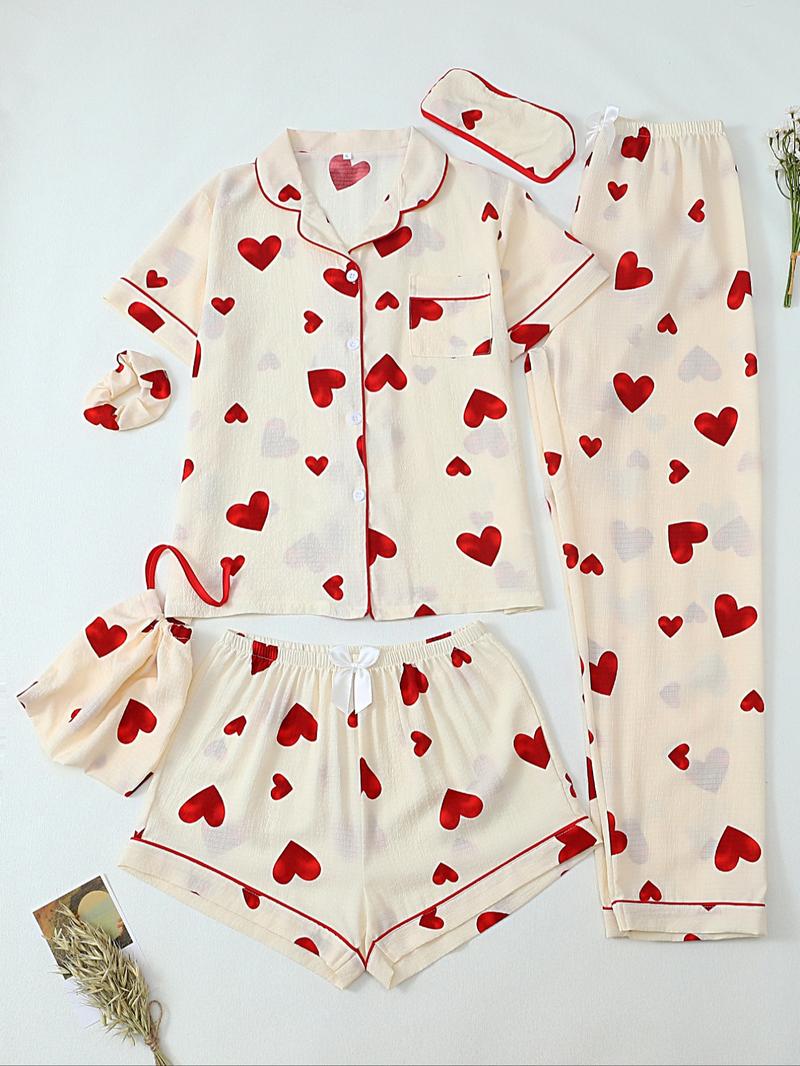 Women's All Over Print Top & Shorts & Pants & Accessories Pyjama Set, Casual Comfy Pj Set, Ladies Sleepwear for All Seasons Women's All Over Print Top & Shorts & Pants & Accessories Pyjama Set, Casual Comfy Pj Set, Ladies Sleepwear for All Seasons