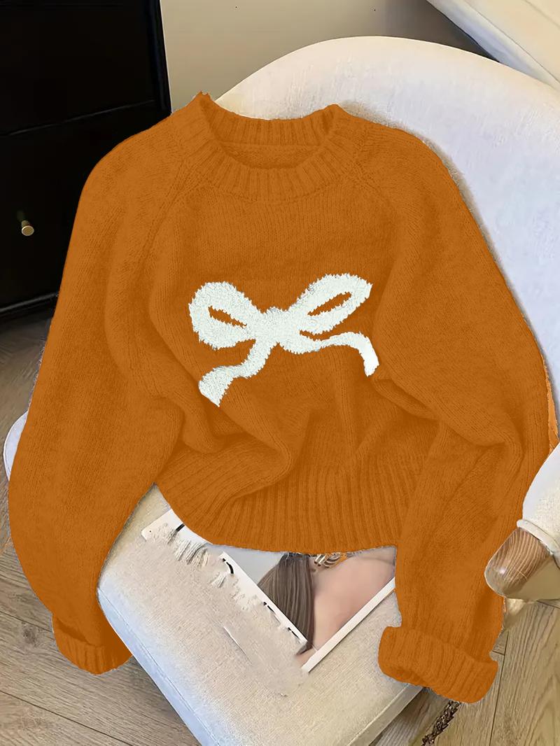 Elegant Bow Knit Sweater for Women, Sweet Autumn Winter Fashion, Thick Casual Pullover Top, Unique Design, Versatile Outerwear