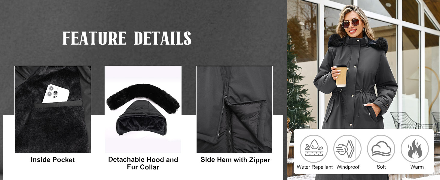 Text reads 'FEATURE DETAILS'. Product features diagram showing 'Inside Pocket', 'Detachable Hood and Fur Collar', 'Side Hem with Zipper', with corresponding icons for water-resistant, wind-proof, and fire-resistant properties.