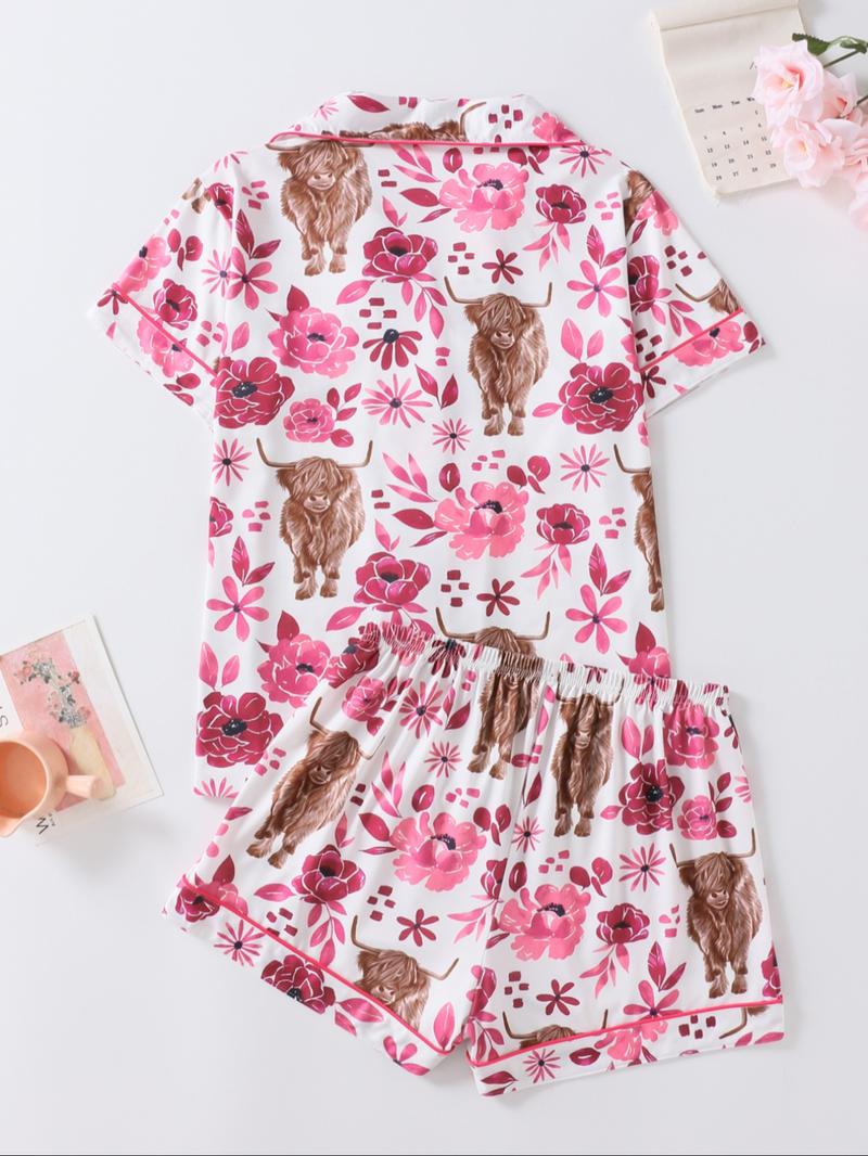 Women's Floral & Cow Print Top & Shorts Pajama Two-piece Set, Casual Comfy Short Sleeve Top & Shorts Pajama Set, Ladies Sleepwear for Summer, Womenswear Women's Floral & Cow Print Top & Shorts Pajama Two-piece Set, Casual Comfy Short Sleeve Top & Shorts Pajama Set, Ladies Sleepwear for Summer, Womenswear