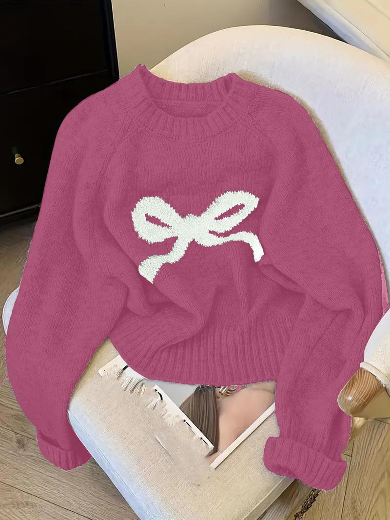 Elegant Bow Knit Sweater for Women, Sweet Autumn Winter Fashion, Thick Casual Pullover Top, Unique Design, Versatile Outerwear