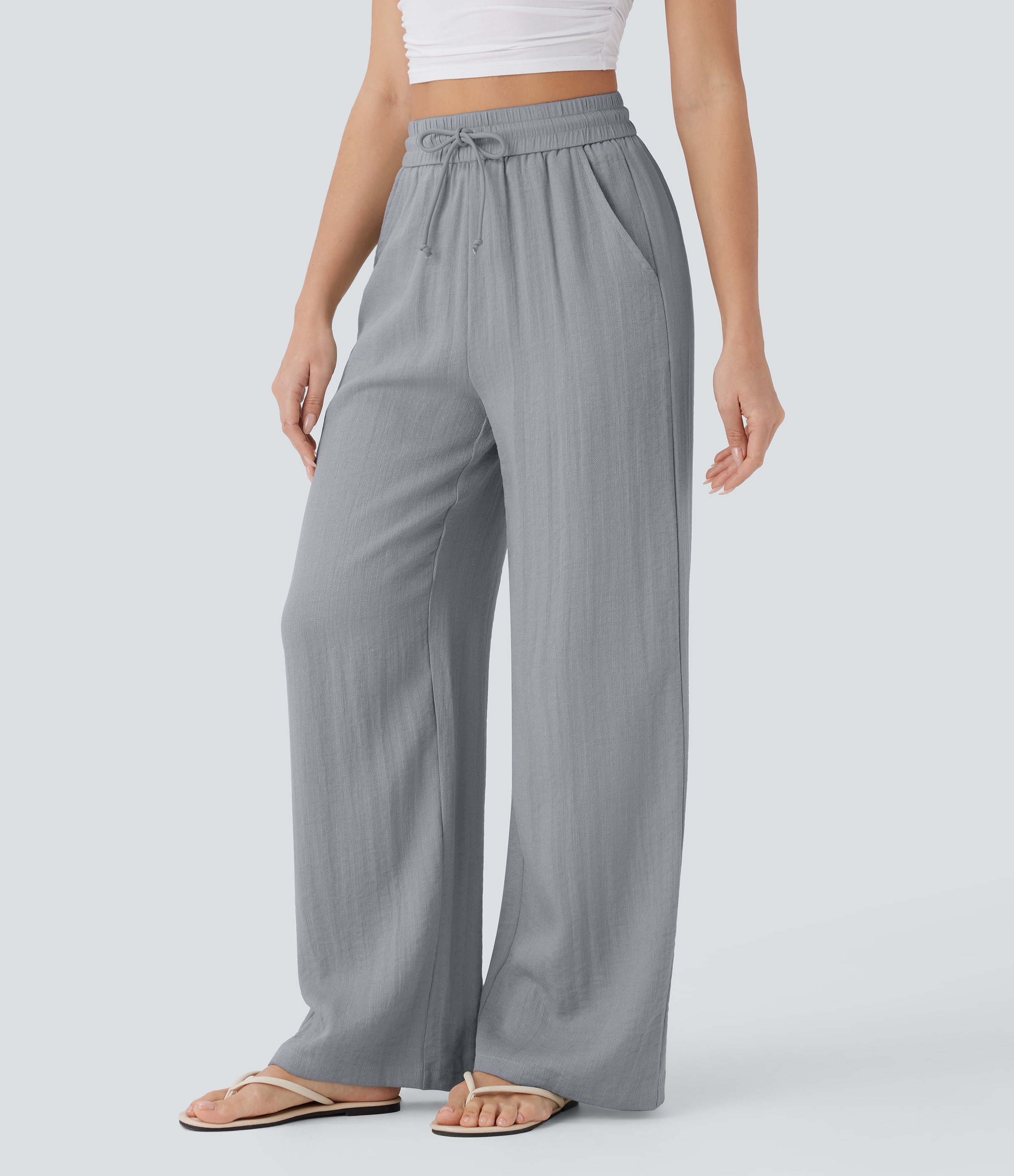 2026🔥 Halara High Waisted Drawstring Pocket Wide Leg Casual Linen-Feel Pants