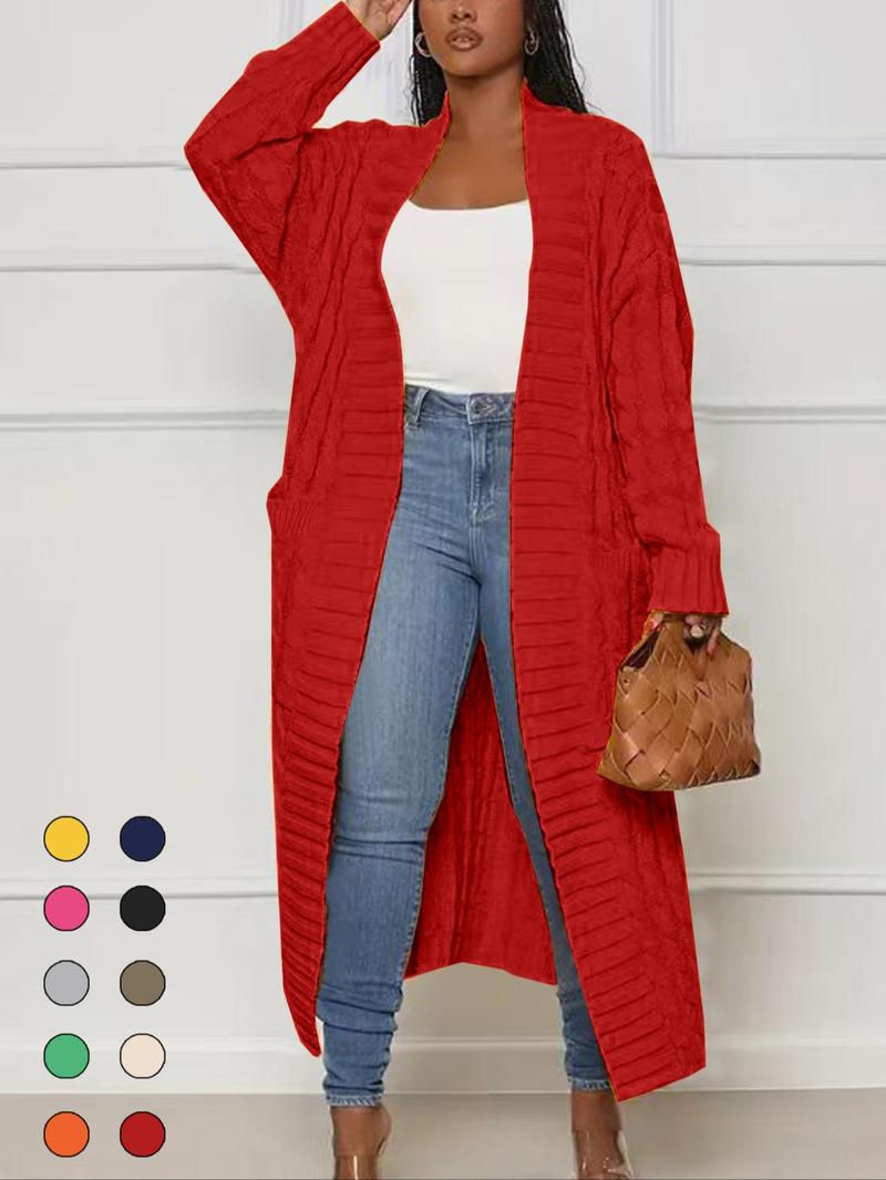 Women's Solid Color Textured Drop Shoulder Pocket Longline Cardigan, Casual Open Front Knitwear for Fall & Winter, Women's Knit Clothing for Daily Wear, Sweaters for Women, Trending Clothing Women, Going Out Tops, Womenswear, Yellow