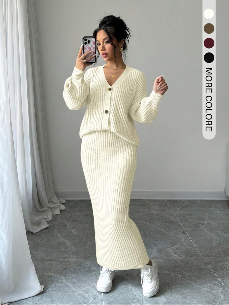 Women's Solid Button Front Sweater & Long Skirt Two-piece Set, Casual Drop Shoulder Long Sleeve Knit Top & High Waist Skirt for Daily Outdoor Wear, Women's Knitwear for Fall & Winter Women's Solid Button Front Sweater & Long Skirt Two-piece Set, Casual Drop Shoulder Long Sleeve Knit Top & High Waist Skirt for Daily Outdoor Wear, Women's Knitwear for Fall & Winter