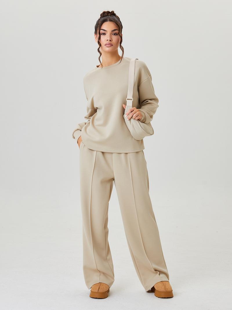 Women's Casual Solid Color Loose Long Sleeve Top & Exposed Stitches Trousers Co-ord
