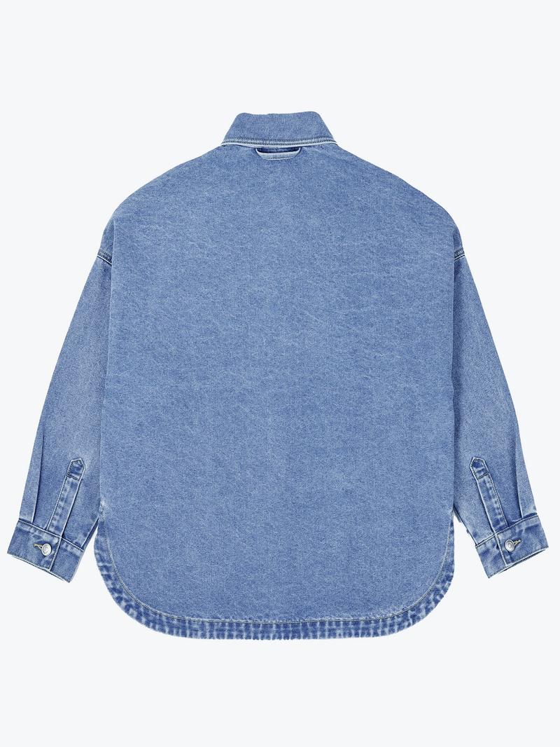 Women's Plain Button Front Drop Shoulder Curved Hem Denim Jacket, Casual Long Sleeve Pocket Design Collar Outerwear for Daily Wear, Ladies Clothes for All Seasons