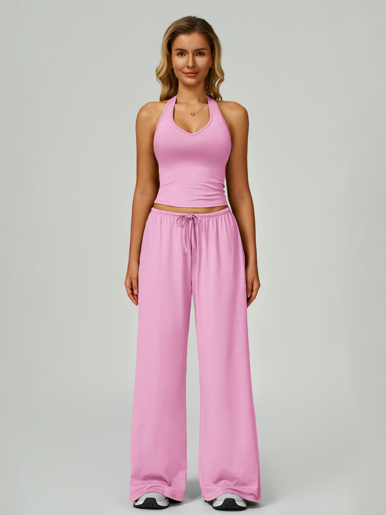 Women's Solid Crop Tank Top & Wide Leg Pants Set, Casual V Neck Sleeveless Top & Trousers for Daily Outdoor Wear, Ladies Sportswear for Summer Sports, Yoga and Airport Outfits, Gym Outfit Women's Solid Crop Tank Top & Wide Leg Pants Set, Casual V Neck Sleeveless Top & Trousers for Daily Outdoor Wear, Ladies Sportswear for Summer Sports, Yoga and Airport Outfits, Gym Outfit