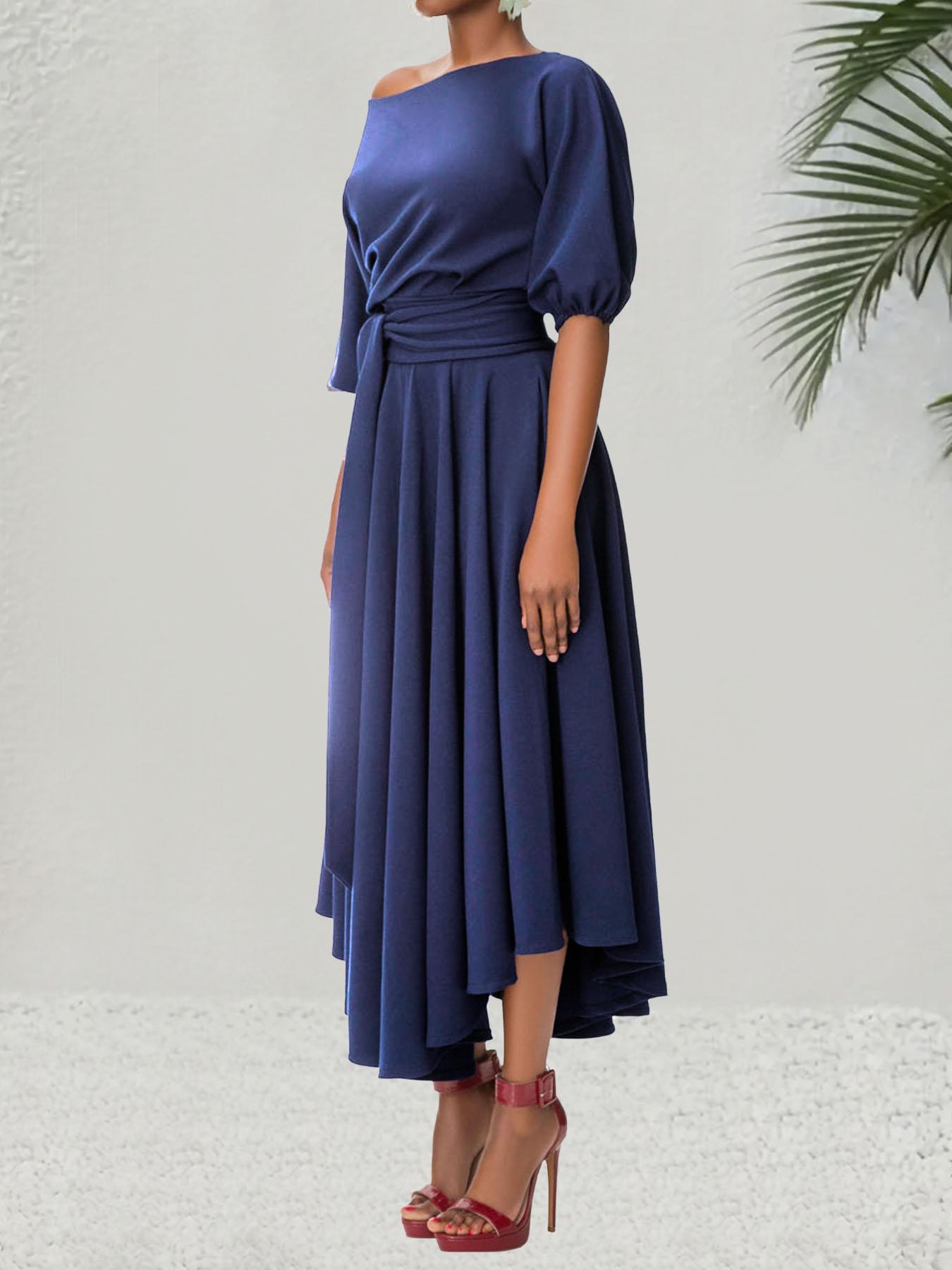 Women's Plain Belted Split Boat Neck Dress, Elegant Bishop Sleeve A Line Dress for Summer, Summer Outfits 2024, Fashion Women's Dress for Casual Daily Wear, Womenswear Women's Plain Belted Split Boat Neck Dress, Elegant Bishop Sleeve A Line Dress for Summer, Summer Outfits 2024, Fashion Women's Dress for Casual Daily Wear, Womenswear