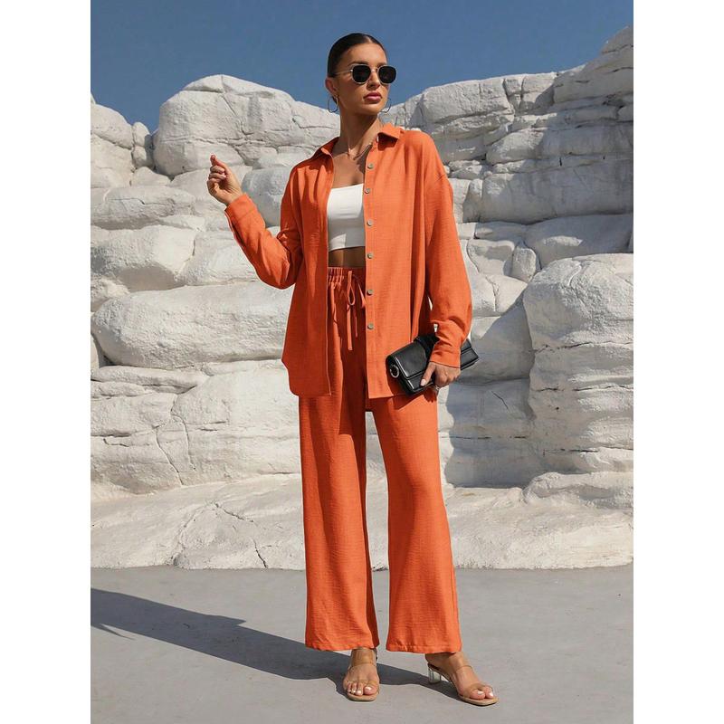 Women's Solid Button Front Shirt & Tie Front Wide Leg Pants Two-piece Set, Casual Drop Shoulder Long Sleeve Blouse Top & Trousers 2 Piece Set for Spring & Fall, Women's Clothes for Daily Wear Womenswear Suits Apricot Basic Minimalist Women's Solid Button Front Shirt & Tie Front Wide Leg Pants Two-piece Set, Casual Drop Shoulder Long Sleeve Blouse Top & Trousers 2 Piece Set for Spring & Fall, Women's Clothes for Daily Wear Womenswear Suits Apricot Basic Minimalist