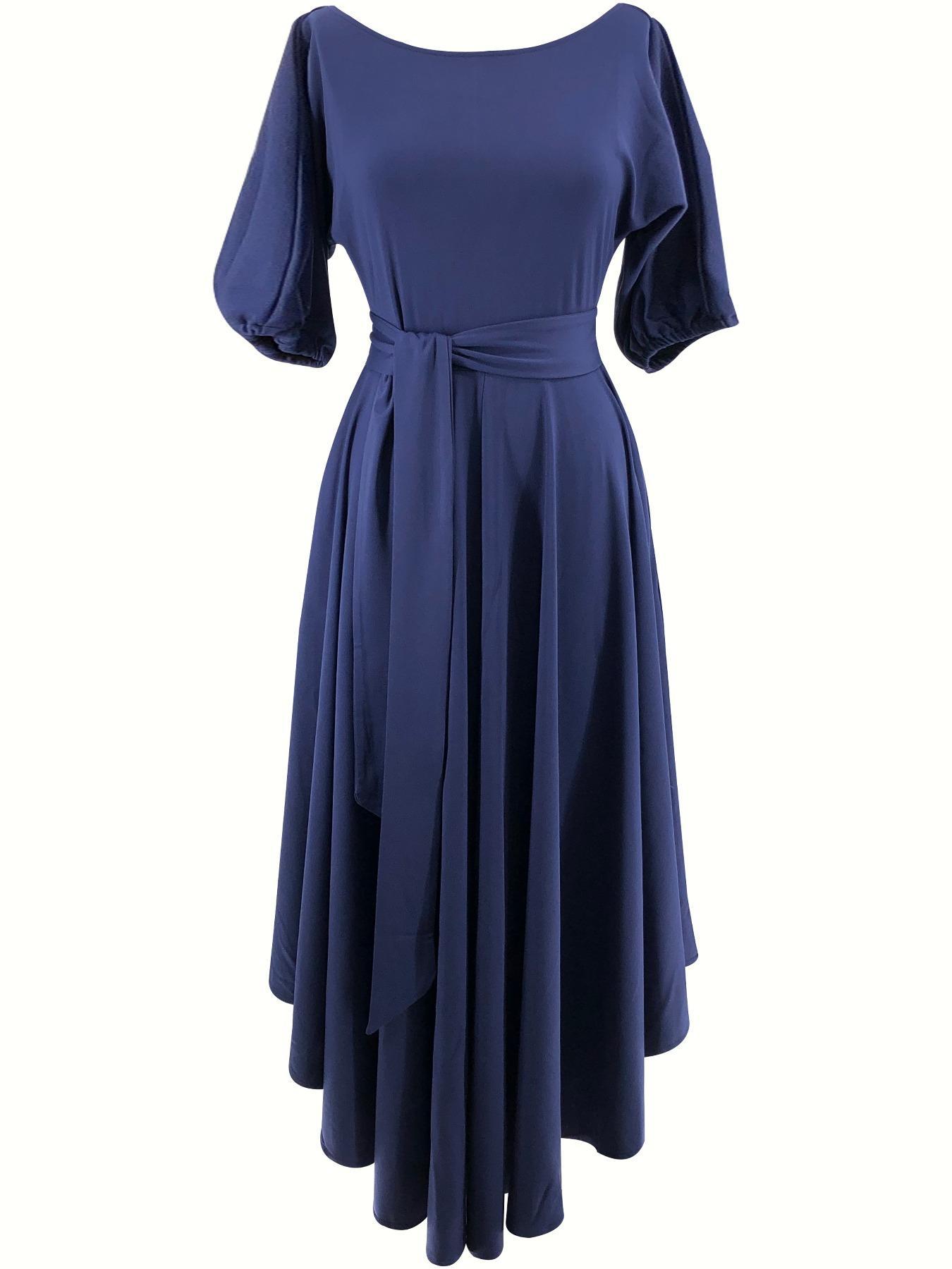 Women's Plain Belted Split Boat Neck Dress, Elegant Bishop Sleeve A Line Dress for Summer, Summer Outfits 2024, Fashion Women's Dress for Casual Daily Wear, Womenswear Women's Plain Belted Split Boat Neck Dress, Elegant Bishop Sleeve A Line Dress for Summer, Summer Outfits 2024, Fashion Women's Dress for Casual Daily Wear, Womenswear