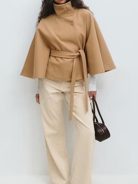 Women's Plain Front Buckle Belted Woolen Cape Coat, Casual Fall & Winter Outerwear, Stylish Daily Wear for Dating, Jackets Women's Plain Front Buckle Belted Woolen Cape Coat, Casual Fall & Winter Outerwear, Stylish Daily Wear for Dating, Jackets