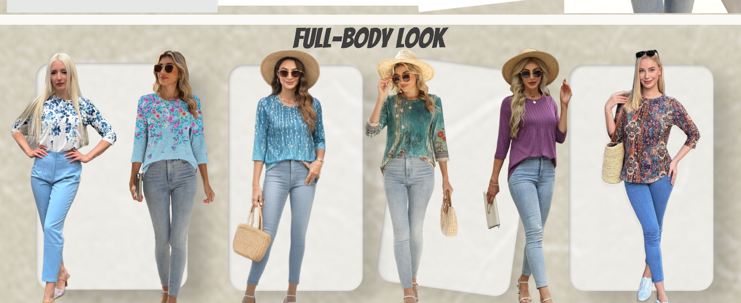 3/4 Length Sleeve Womens Tops Crew Neck Shirts Pleated Cute Clothes Dressy Casual 2025 Summer Tunics