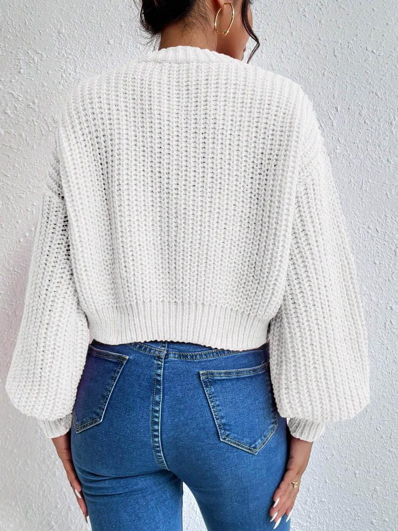 Women's Plain Bishop Sleeve Button Front Cardigan, Lady Casual Long Sleeve V Neck Knitwear for Fall & Winter, Fashion Women's Knit Clothes for Daily Wear, Women's Sweaters, Womenswear, Knitting Tops for Women