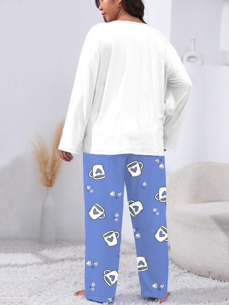 Plus Size Heart Coffee Letter Print Comfortable 2-Piece Pajama Set, Long Sleeve Top & Pants, Casual Fitted Sleepwear for All Seasons