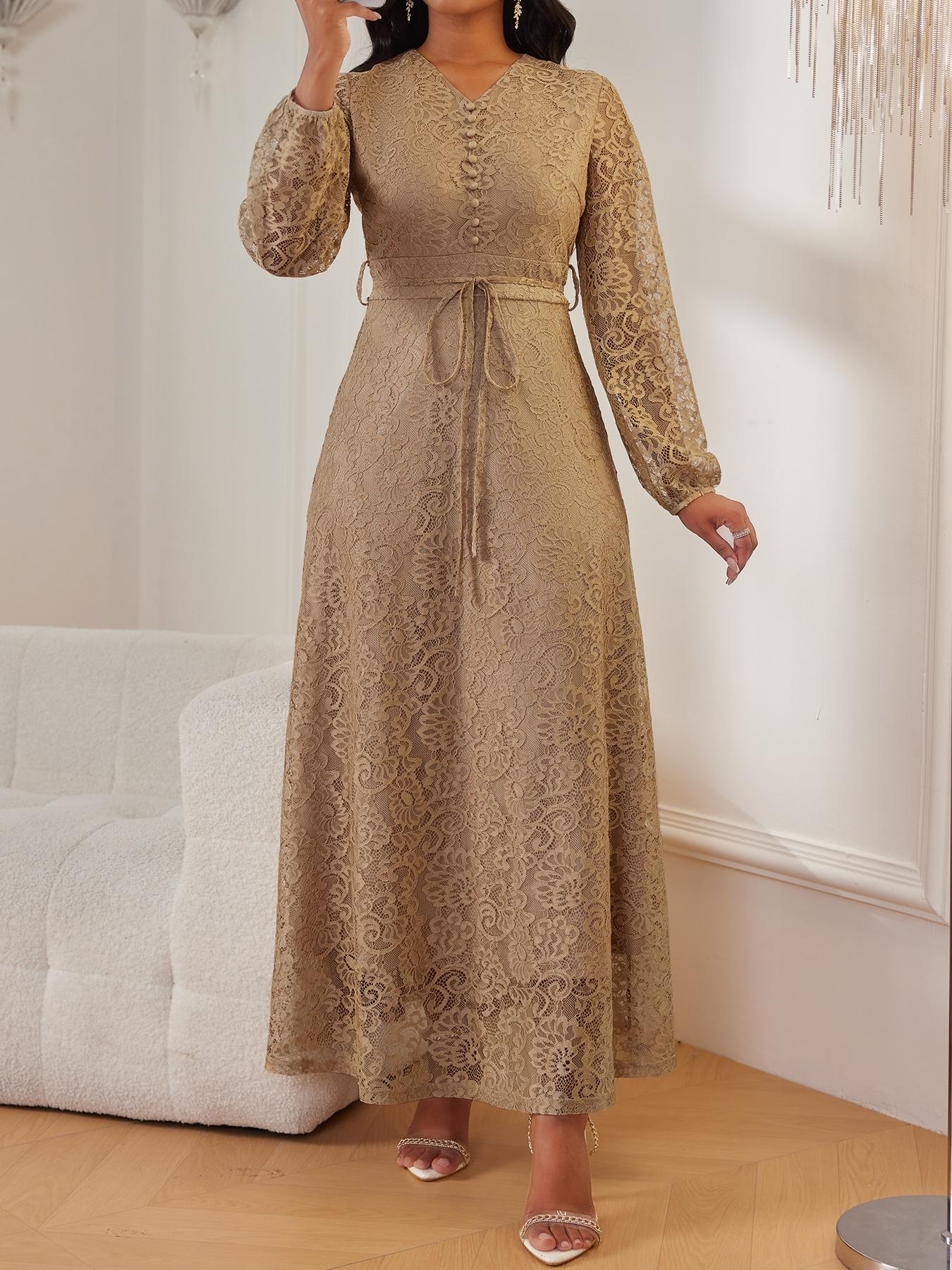 Women's Lace V-Neck Long Sleeve Dress, Elegant Chic Belted Waist, Slim Fit, Plain Color, Wedding Evening Formal Occasion, Spring & Fall Women's Lace V-Neck Long Sleeve Dress, Elegant Chic Belted Waist, Slim Fit, Plain Color, Wedding Evening Formal Occasion, Spring & Fall