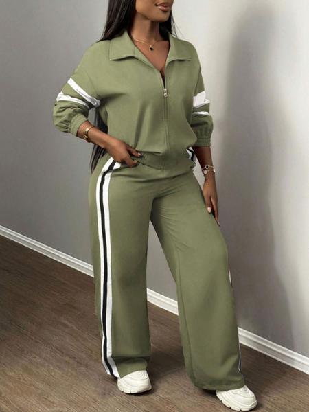 Women's Zipper Jacket & Striped Wide-Leg Pants Set, Streetwear & Casual, Two-Piece Suit for Daily Wear Women's Zipper Jacket & Striped Wide-Leg Pants Set, Streetwear & Casual, Two-Piece Suit for Daily Wear
