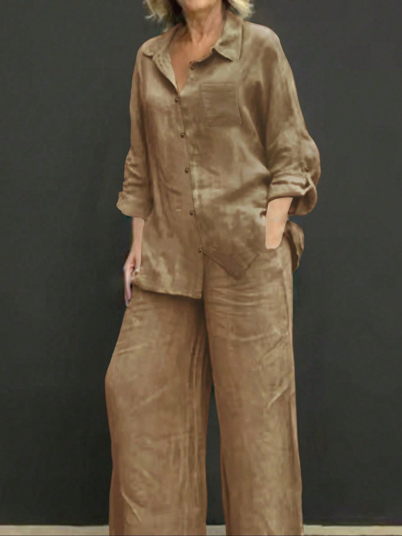 Women's Solid Color Shirt & Wide Leg Pants Set, Casual Fashion Cozy Breathable Two-piece Outfits for Daily Outdoor Wear, Women Clothes for Spring Fall Women's Solid Color Shirt & Wide Leg Pants Set, Casual Fashion Cozy Breathable Two-piece Outfits for Daily Outdoor Wear, Women Clothes for Spring Fall