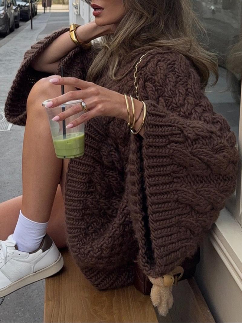 Women's Casual Loose-Fit Sweater, Round Neck Long Sleeve Knitted Top, Fall & Winter Fashion, Daily Wear, Plain Color Knitwear