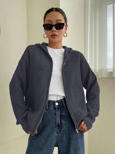 Women's Solid Color Zip Up Hooded Sweater Cardigan, Casual Long Sleeve Knitwear for Fall & Winter, Fashion Ladies' Knit Clothing for Daily Wear