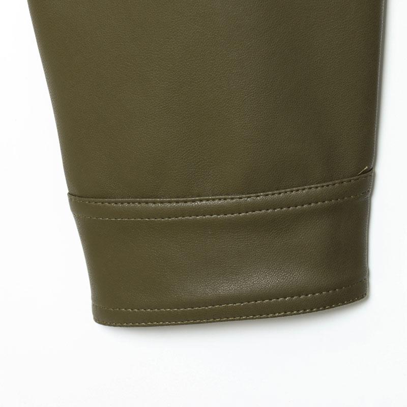 Women's Olive Green Faux Leather Bomber Moto Jacket with Stand Collar and Flap Pockets, Casual Short Layered Streetwear Outerwear Women's Olive Green Faux Leather Bomber Moto Jacket with Stand Collar and Flap Pockets, Casual Short Layered Streetwear Outerwear