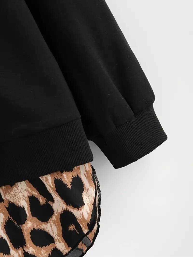 【Plus Size】 Leopard Print Curved Hem Pullover Sweatshirt, Casual Long Sleeve Sweatshirt for Fall & Winter, Women's Clothing for Daily Wear
