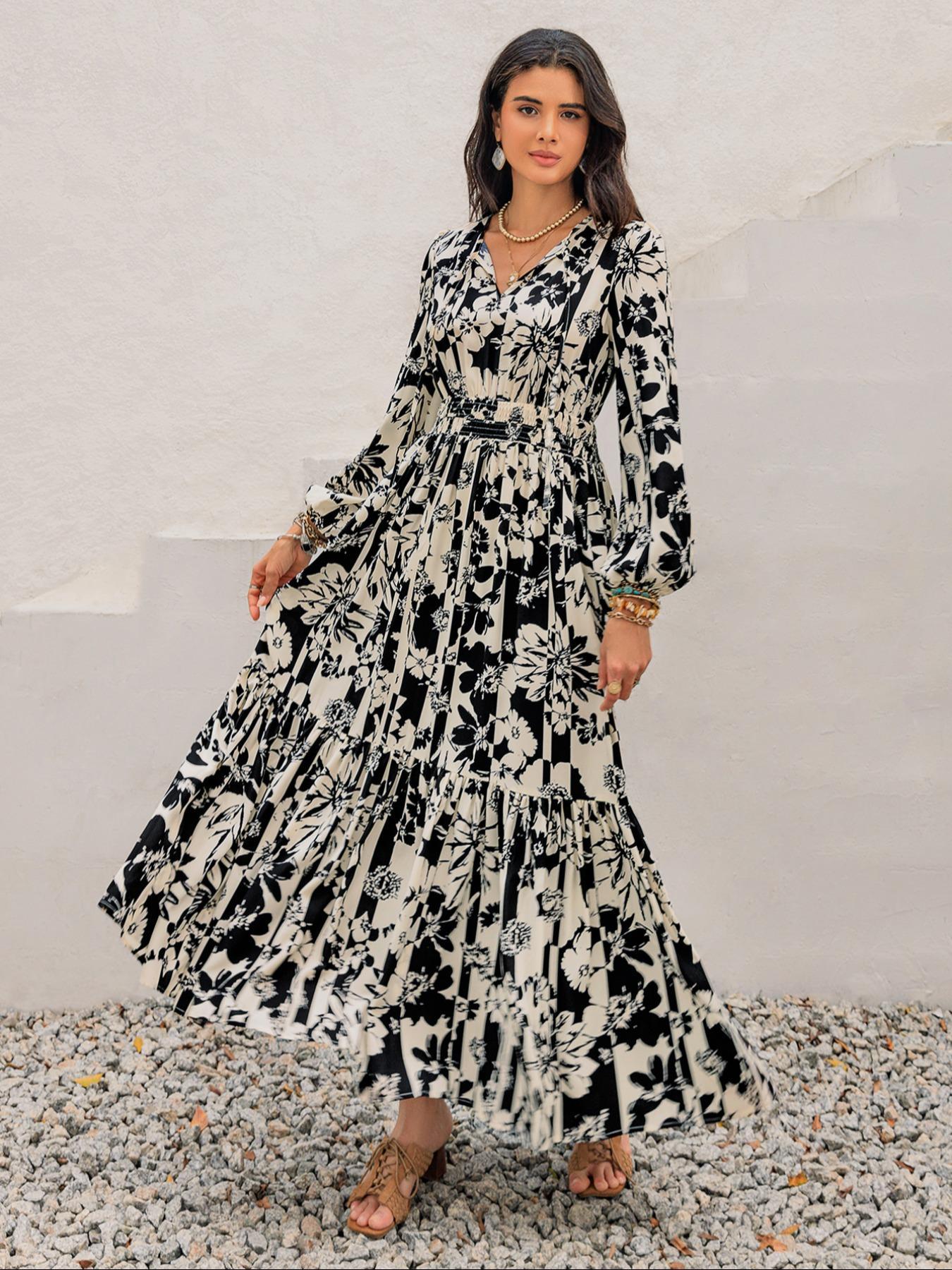 Women's Boho Floral Print Lantern Sleeve Dress with Fitted Waist Adjustable Tie Design, Comfortable Casual Long Sleeve Dress for Fall & Winter, Bohemian, Womenswear Women's Boho Floral Print Lantern Sleeve Dress with Fitted Waist Adjustable Tie Design, Comfortable Casual Long Sleeve Dress for Fall & Winter, Bohemian, Womenswear