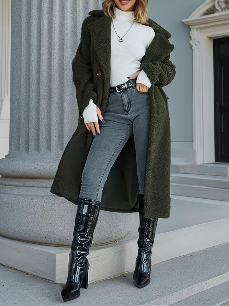 Women's Plain Pocket Button Front Faux Fur Coat, Casual Long Sleeve Lapel Outerwear For Fall & Winter, Women's Clothing For Daily Wear