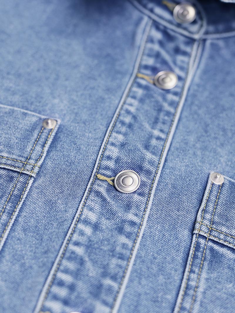 Women's Plain Button Front Drop Shoulder Curved Hem Denim Jacket, Casual Long Sleeve Pocket Design Collar Outerwear for Daily Wear, Ladies Clothes for All Seasons