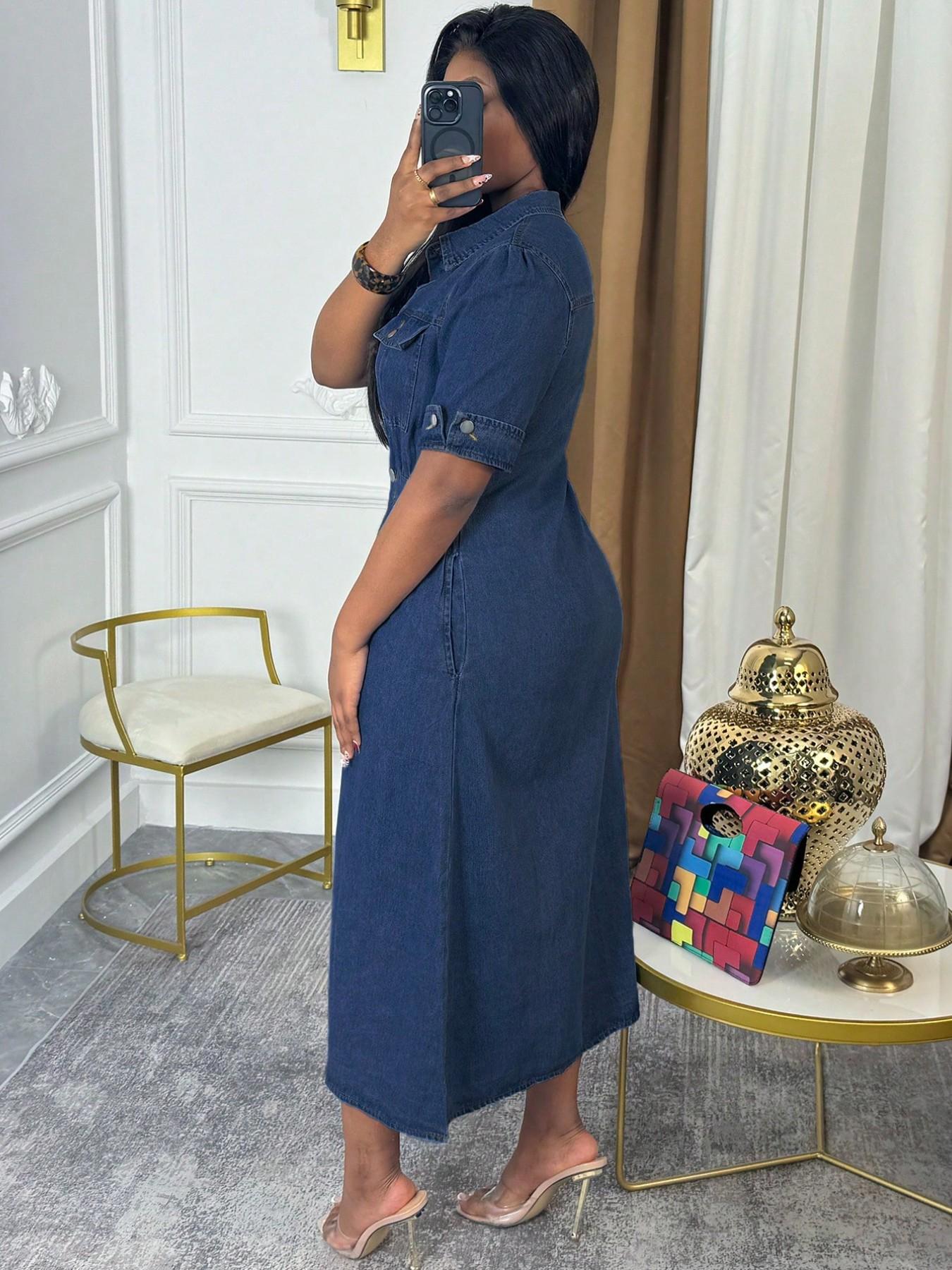 Chic Denim Shirt Dress, Button-Down Midi Dress with Chest Pockets and Cuffed Sleeves, Effortless Casual Jean Dress