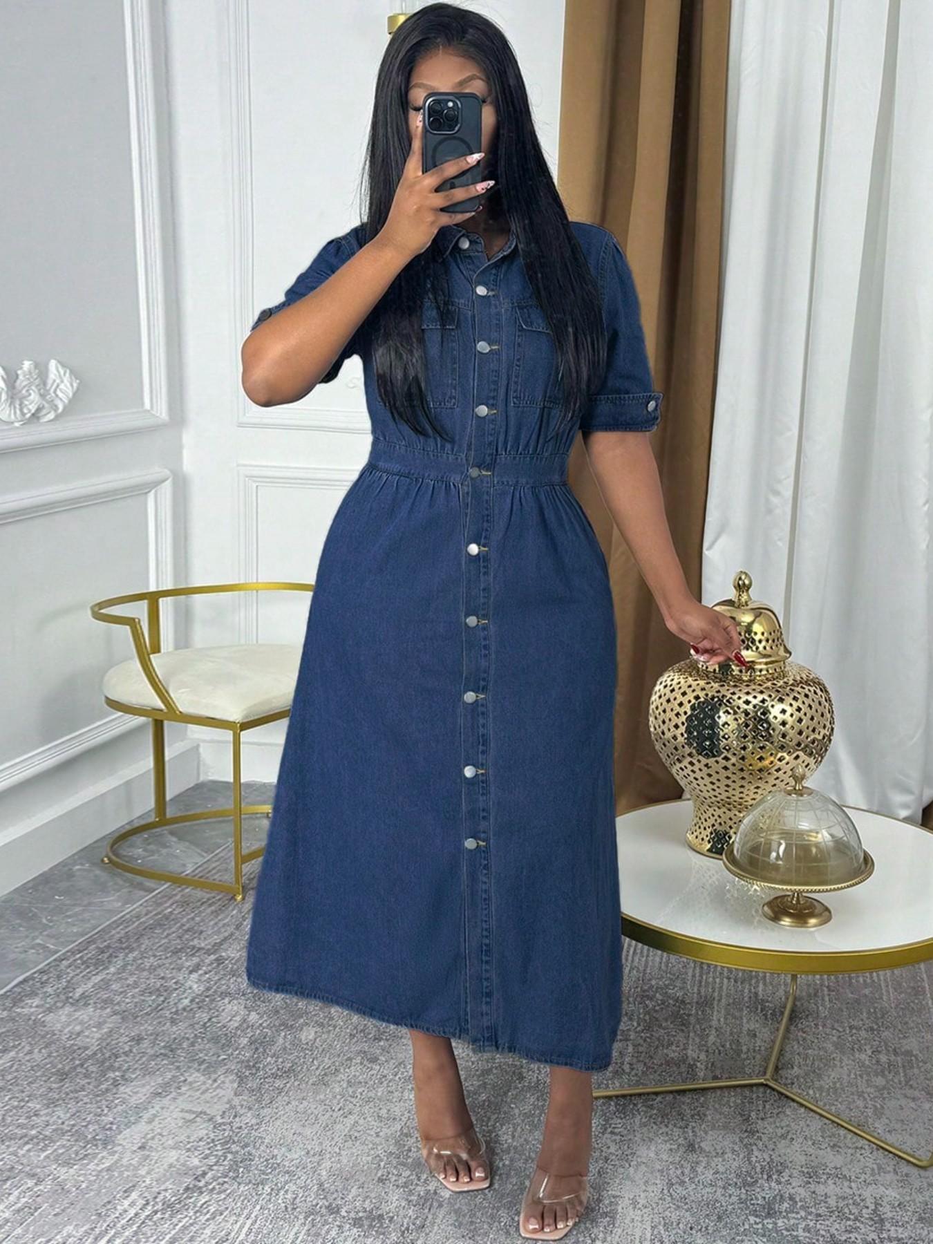 Chic Denim Shirt Dress, Button-Down Midi Dress with Chest Pockets and Cuffed Sleeves, Effortless Casual Jean Dress