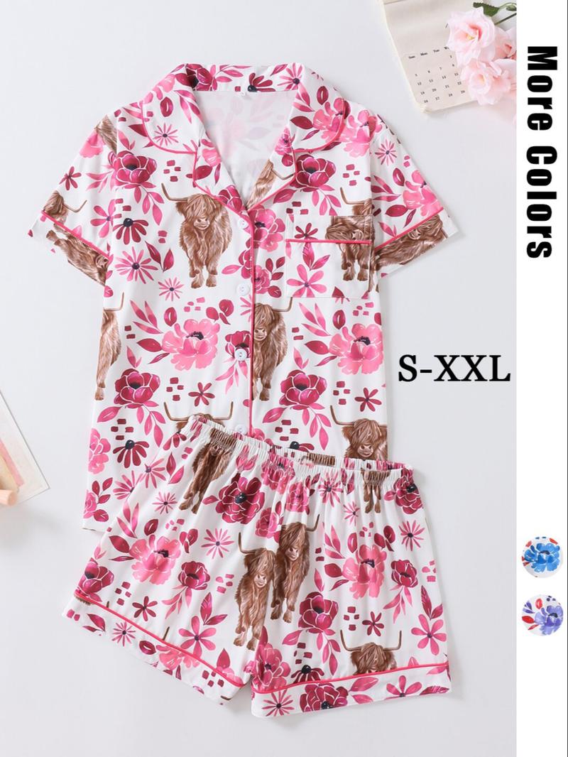 Women's Floral & Cow Print Top & Shorts Pajama Two-piece Set, Casual Comfy Short Sleeve Top & Shorts Pajama Set, Ladies Sleepwear for Summer, Womenswear Women's Floral & Cow Print Top & Shorts Pajama Two-piece Set, Casual Comfy Short Sleeve Top & Shorts Pajama Set, Ladies Sleepwear for Summer, Womenswear