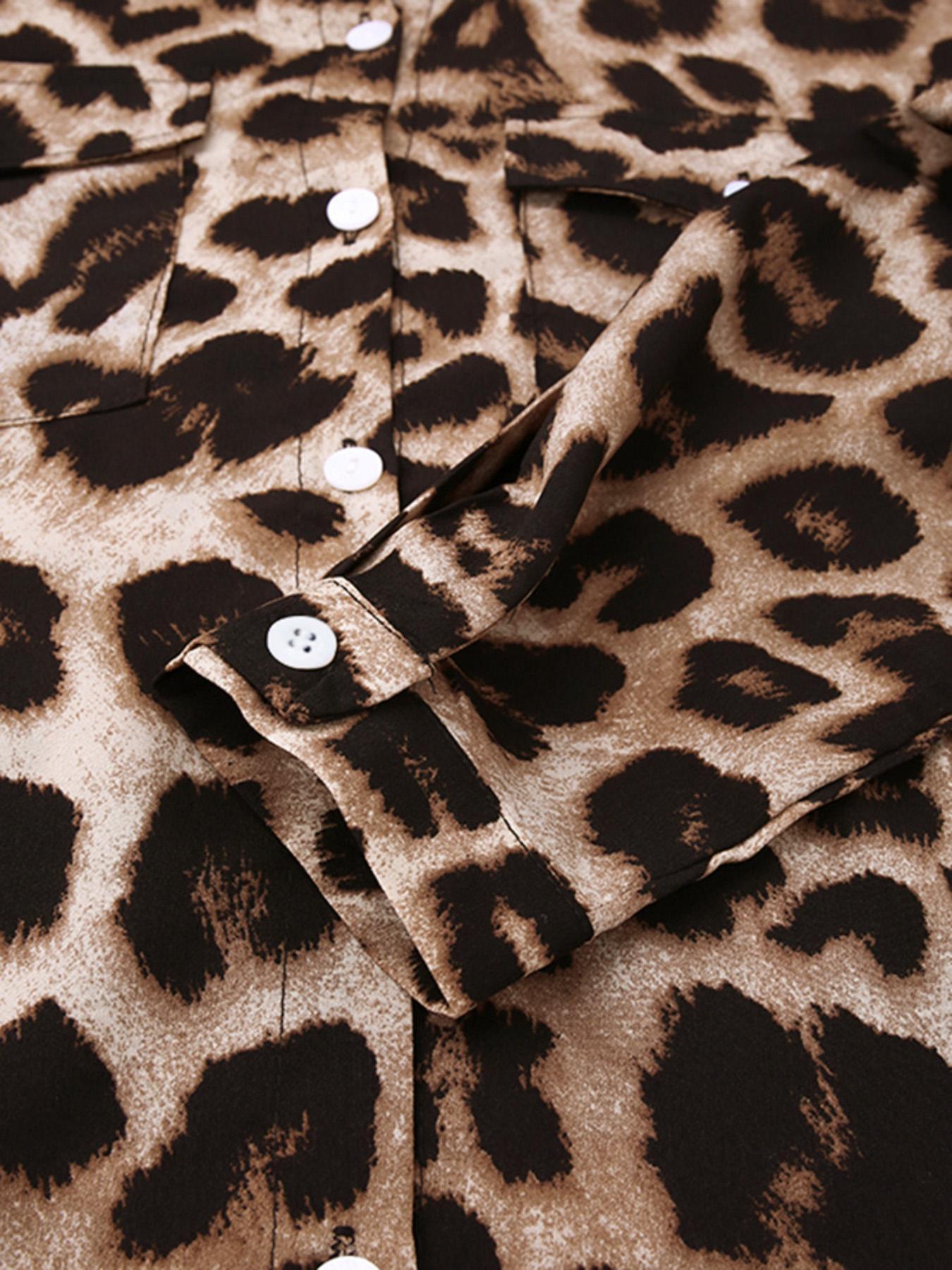 Women's Leopard Print Button Front Flap Pocket Shirt Fabric Dress, Casual Curved Hem Long Sleeve Collared Long Dress for Daily Wear, Ladies' Clothes for All Seasons, Womenswear Women's Leopard Print Button Front Flap Pocket Shirt Fabric Dress, Casual Curved Hem Long Sleeve Collared Long Dress for Daily Wear, Ladies' Clothes for All Seasons, Womenswear