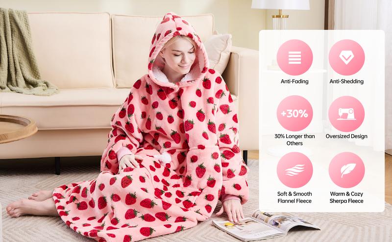 Wearable Blanket Hoodie Oversized Sherpa Fleece Hooded Sweatshirt Blanket with Sleeves,Cozy and Giant Blanket Hoodie Extra Long for Adults Women Winter Gift (Strawberry) Wearable Blanket Hoodie Oversized Sherpa Fleece Hooded Sweatshirt Blanket with Sleeves,Cozy and Giant Blanket Hoodie Extra Long for Adults Women Winter Gift (Strawberry)
