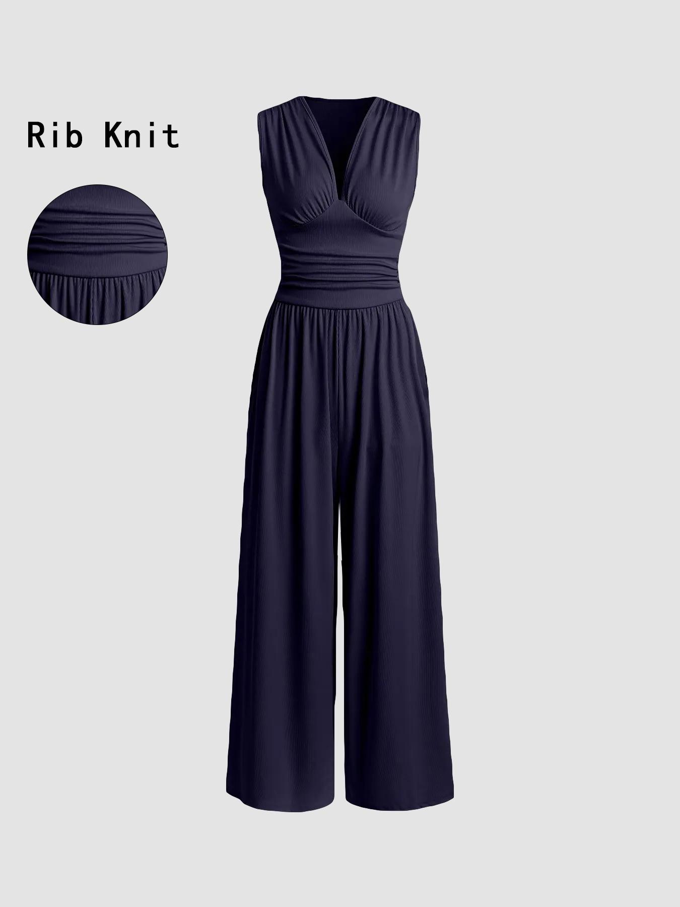 Women's Plain Ruched Deep V Neck Wide Leg Jumpsuit, Sleeveless Ribbed Jumpsuit for Daily Wear, Ladies Clothes for All Seasons, Casual Basic Jumpsuit, Casual Jumpsuits Women's Plain Ruched Deep V Neck Wide Leg Jumpsuit, Sleeveless Ribbed Jumpsuit for Daily Wear, Ladies Clothes for All Seasons, Casual Basic Jumpsuit, Casual Jumpsuits