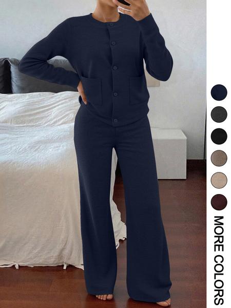 Women's Casual Comfortable Round Neck Long Sleeve Knit Sweater Set, High Waist Versatile Wide Leg Pants, Perfect for Daily Wear Women's Casual Comfortable Round Neck Long Sleeve Knit Sweater Set, High Waist Versatile Wide Leg Pants, Perfect for Daily Wear
