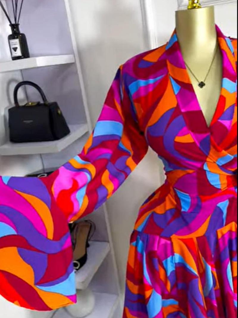 PULKRITU Women's Tie-Dye Print Flare Long Sleeve Dress, V-Neck Bow Hem, Fall Winter Wear, Elegant Vacation Party Birthday Dress
