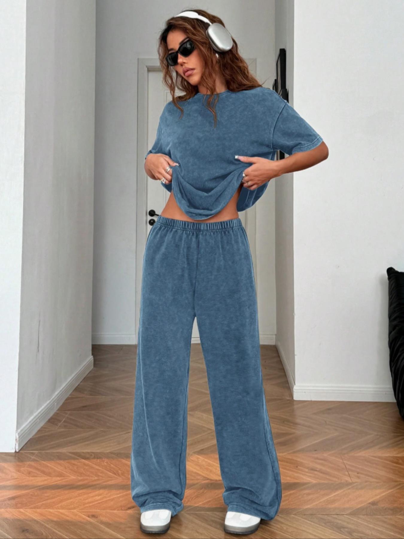 Women's Casual Loose Fit Acid Washed Cotton Short Sleeve T-Shirt and Long Pants Two-Piece Set, All Seasons, Plain Style Women's Casual Loose Fit Acid Washed Cotton Short Sleeve T-Shirt and Long Pants Two-Piece Set, All Seasons, Plain Style