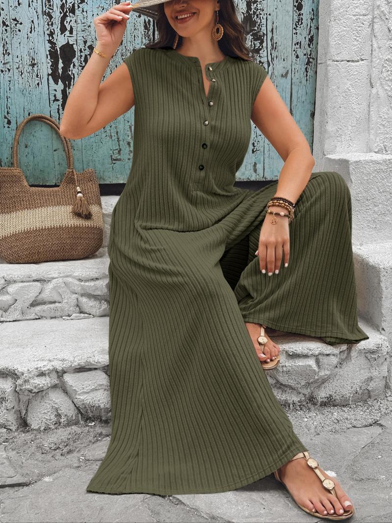 Plus Size Solid Button Front Jumpsuit, Casual Comfy Sleeveless Jumpsuit for Daily Wear, Women's Plus Clothing for All Seasons, Clothes Plus Size Solid Button Front Jumpsuit, Casual Comfy Sleeveless Jumpsuit for Daily Wear, Women's Plus Clothing for All Seasons, Clothes