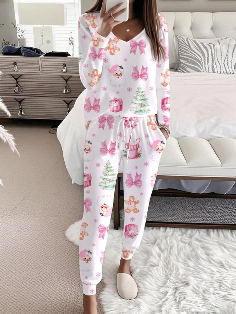 Women's Christmas Print Casual Set, Long Sleeve V Neck Top & Belted Pants, Ladies Homewear & Pajamas, Spring & Fall Fashion Women's Christmas Print Casual Set, Long Sleeve V Neck Top & Belted Pants, Ladies Homewear & Pajamas, Spring & Fall Fashion