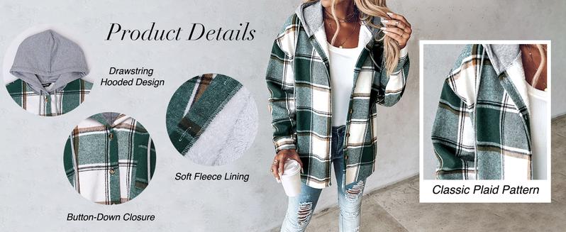 Women's Plaid Shacket Fleece Lined Hooded Jacket Long Sleeve Button Down Warm Coat for Fall and Winter