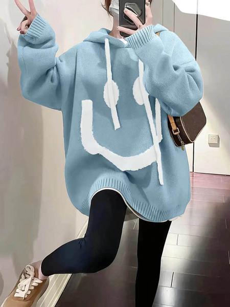 Women's Cartoon Face Print Drop Shoulder Hooded Sweater, Fashion Casual Long Sleeve Drawstring Hooded Sweater for Daily Holiday Outdoor Wear, Women Knitwear for Fall & Winter, Sweaters for Women Women's Cartoon Face Print Drop Shoulder Hooded Sweater, Fashion Casual Long Sleeve Drawstring Hooded Sweater for Daily Holiday Outdoor Wear, Women Knitwear for Fall & Winter, Sweaters for Women