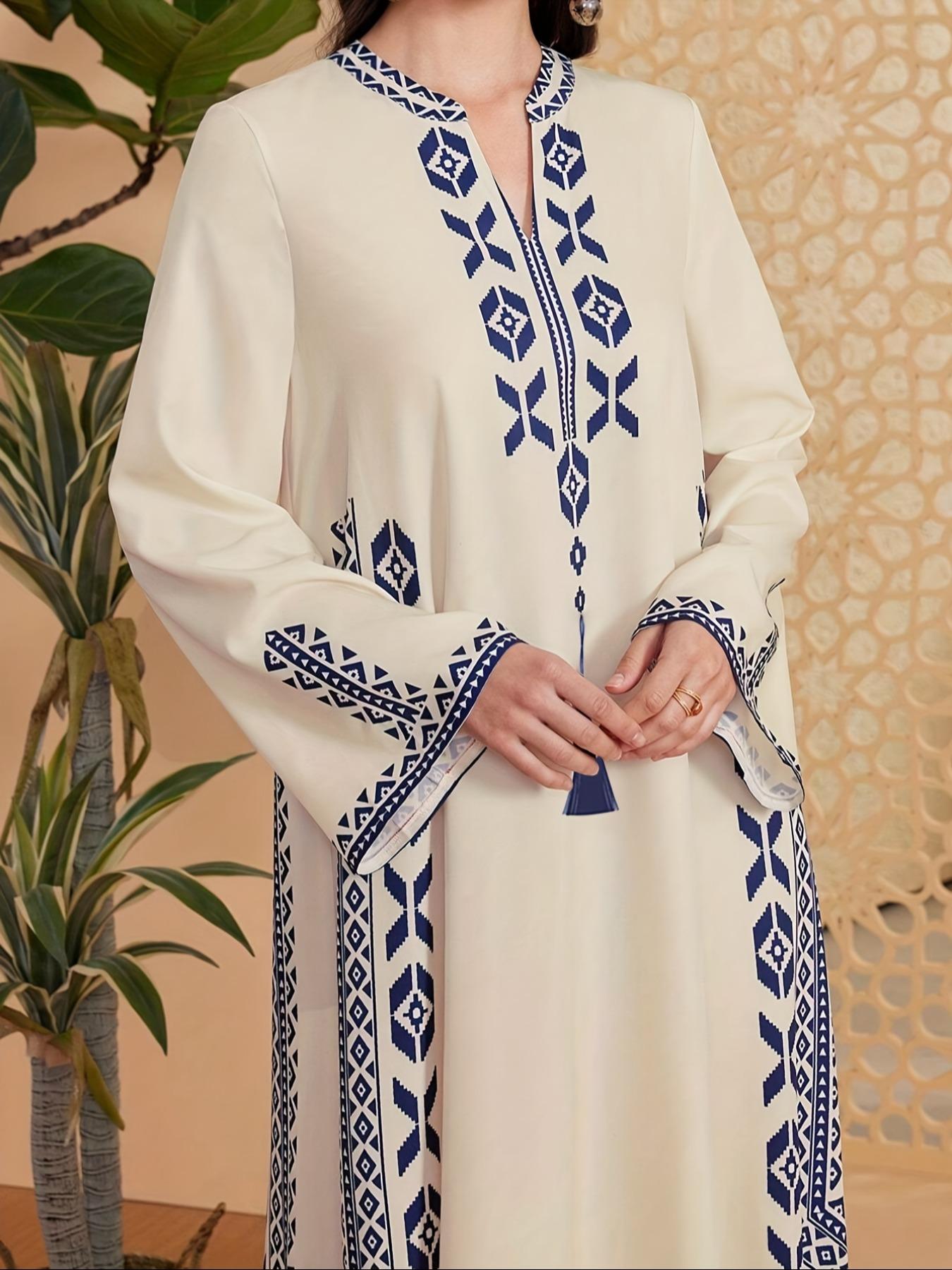 Women's Digital Print Dress, Middle Eastern Style Woven Fabric Long Sleeve A-Line Dress, Fitted Casual Fashion for Spring & Fall Seasons, Womenswear Women's Digital Print Dress, Middle Eastern Style Woven Fabric Long Sleeve A-Line Dress, Fitted Casual Fashion for Spring & Fall Seasons, Womenswear
