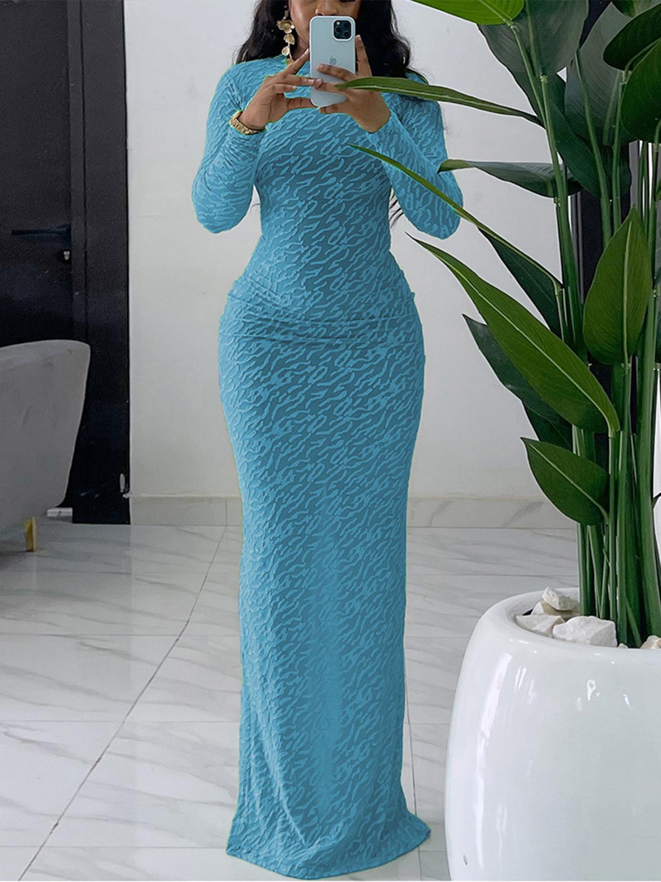 Women's Plain Solid Long Sleeve Bodycon Dress, Casual Fashion Mock Neck Maxi Dress for Daily Wear, Ladies Clothes for Spring Women's Plain Solid Long Sleeve Bodycon Dress, Casual Fashion Mock Neck Maxi Dress for Daily Wear, Ladies Clothes for Spring