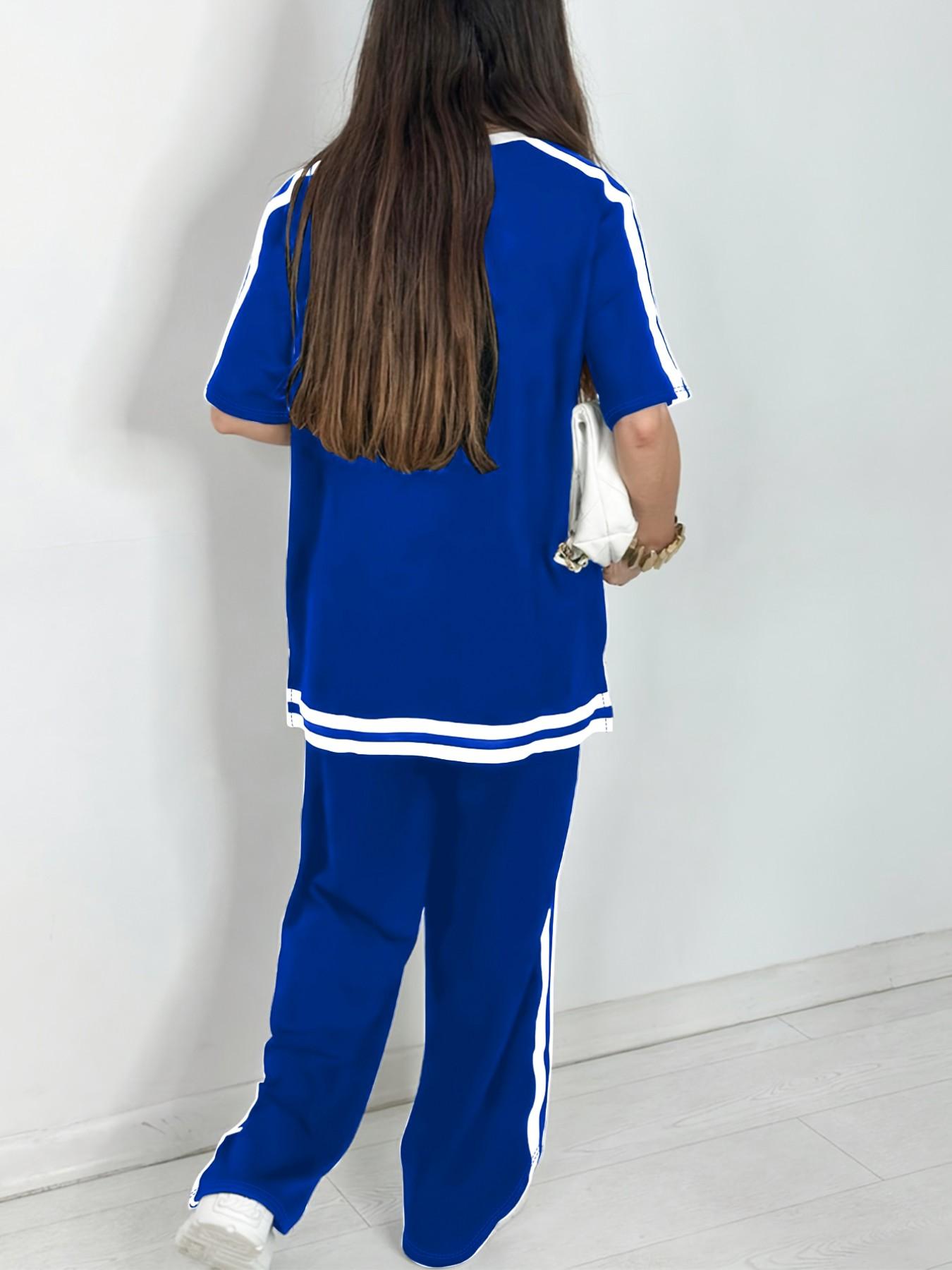 Women's Casual Athleisure Sportswear Set, Solid Color Round-Neck Short-Sleeve Split-Hem Top and Striped Long Pants, Spring/Summer Two-Piece Set