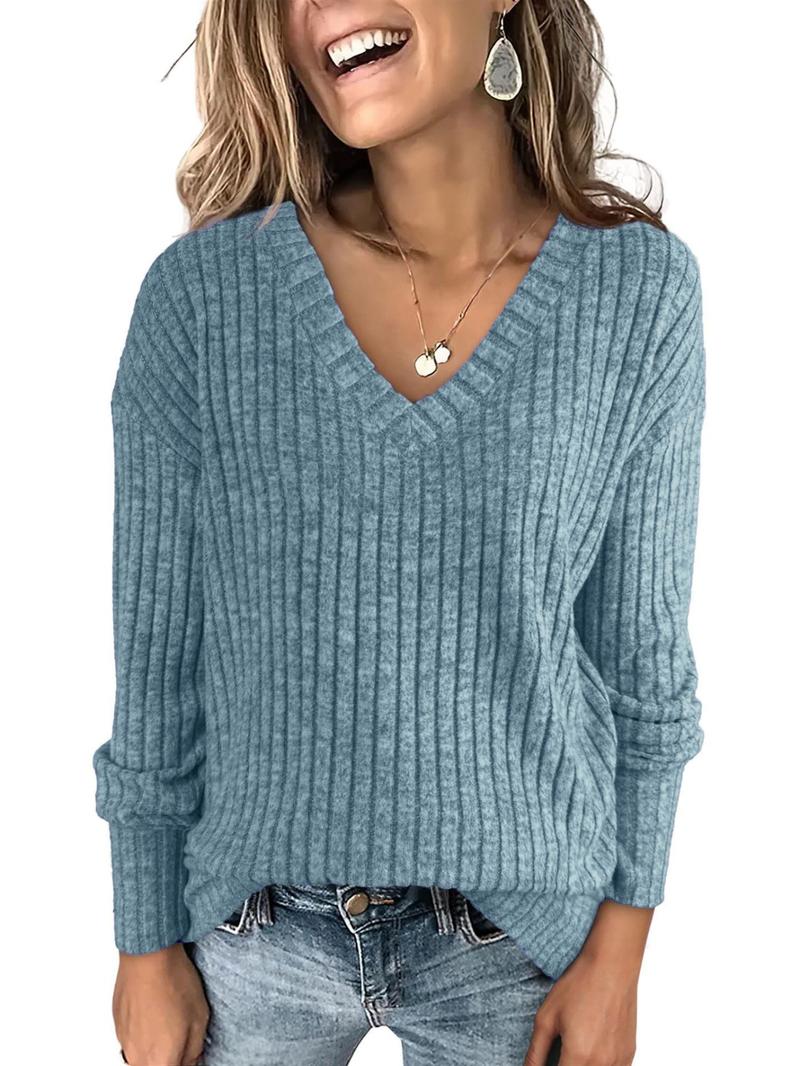 Women's Plain Drop Shoulder V Neck Tee, Casual Long Sleeve Top for Spring & Fall, Fashion Women's Clothes for Daily Wear Women's Plain Drop Shoulder V Neck Tee, Casual Long Sleeve Top for Spring & Fall, Fashion Women's Clothes for Daily Wear